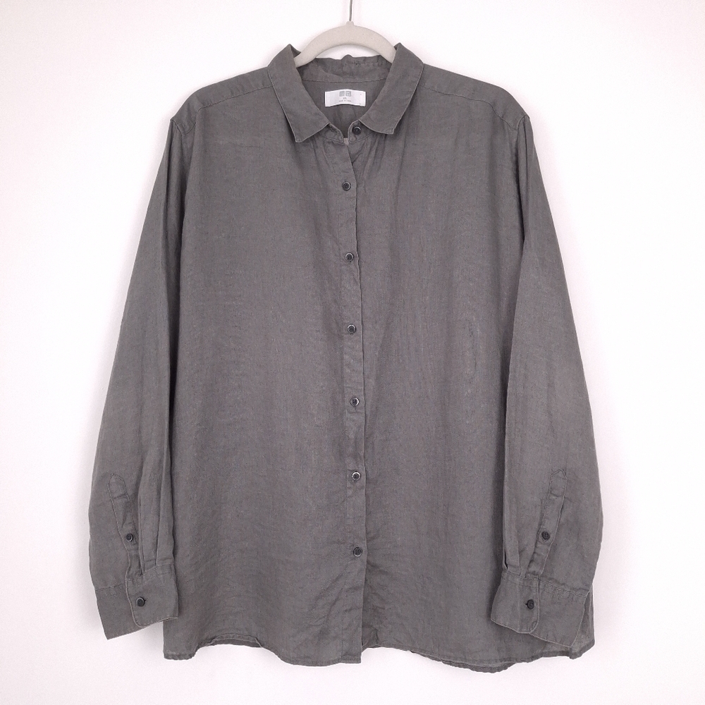 Uniqlo linen button up shirt long sleeve woven breathable spring summer gray
